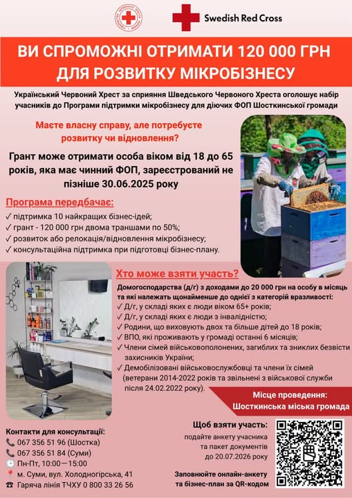До 120 тис грн на розвиток або релокацію: підприємці Шосткинської громади можуть отримати гранти від Червоного Хреста
